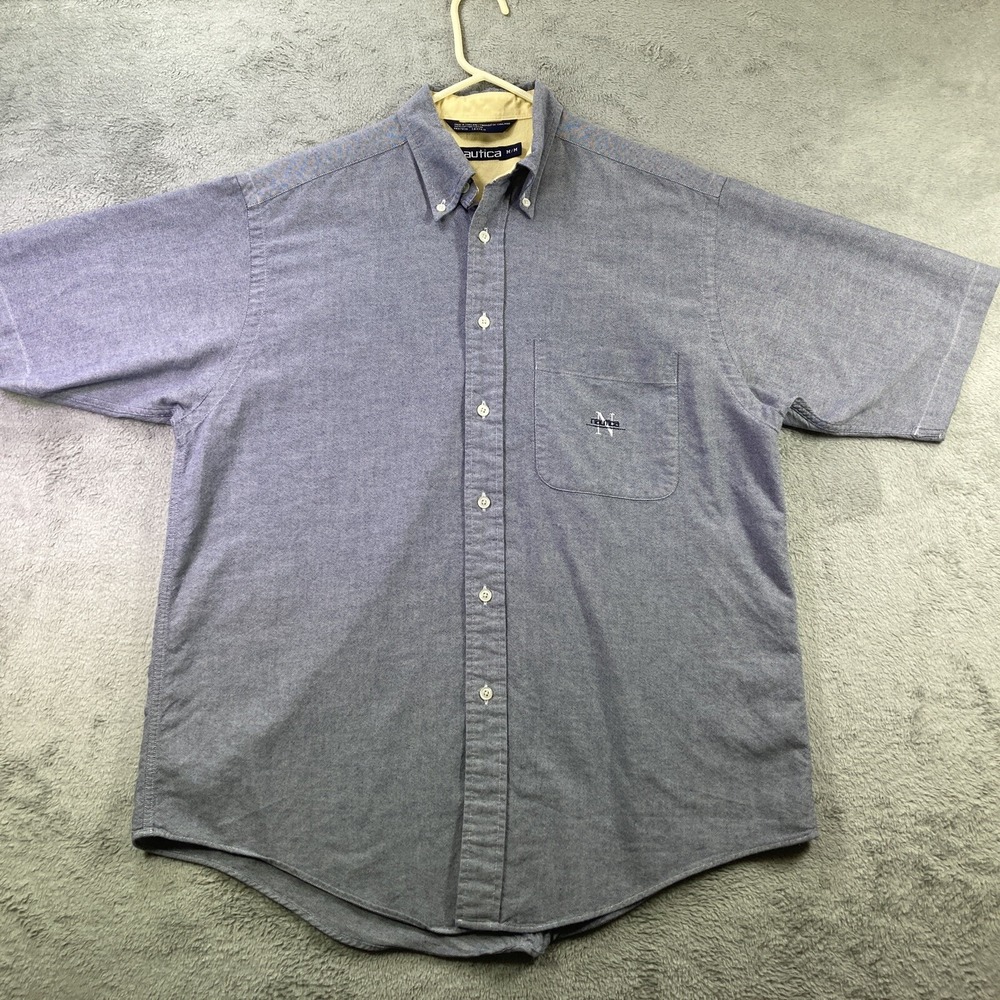 Vintage Nautica Shirt Men Medium Blue Button Down Preppy Pocket Logo Casual Work